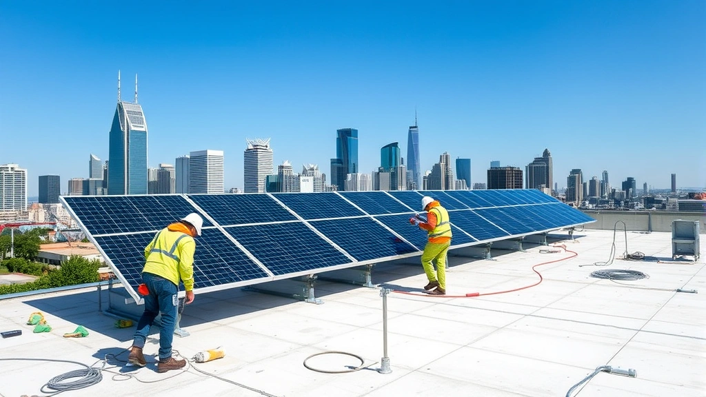 Modern solar panel installation on commercial rooftop with city skyline background, workers in safety gear positioning equipment, clear blue sky, professional construction environment