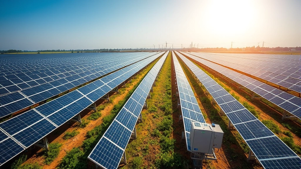 Advanced solar farm with hundreds of photovoltaic panels tracking sun angle, modern inverter stations, green vegetation between rows, expansive landscape photography, industrial renewable energy infrastructure