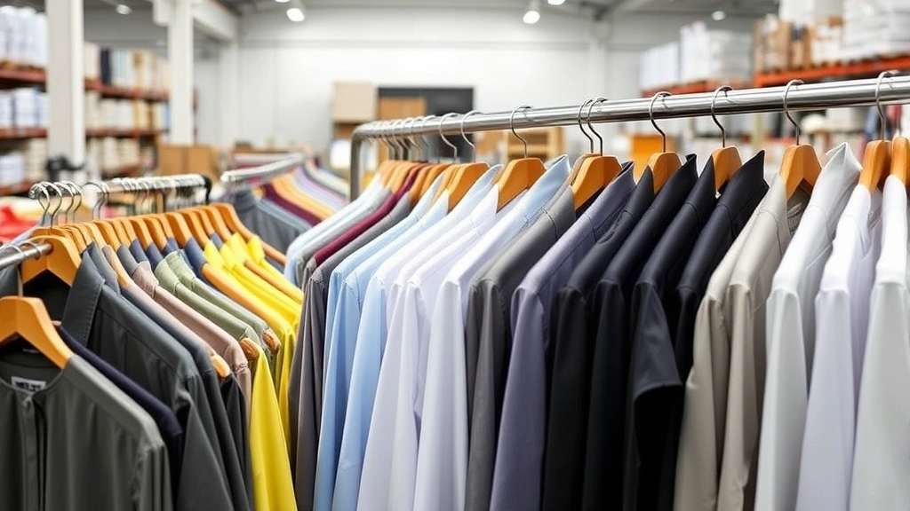 Finished premium dress shirts displayed on wooden hangers in organized warehouse, various colors and styles arranged professionally, clean modern storage facility with quality control documentation visible
