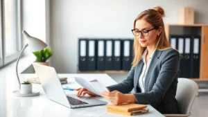 Professional woman sitting at modern desk using laptop and reviewing utility bills and financial documents, organized workspace with filing system in background, natural lighting from office window, focused expression