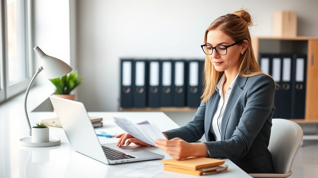 Professional woman sitting at modern desk using laptop and reviewing utility bills and financial documents, organized workspace with filing system in background, natural lighting from office window, focused expression