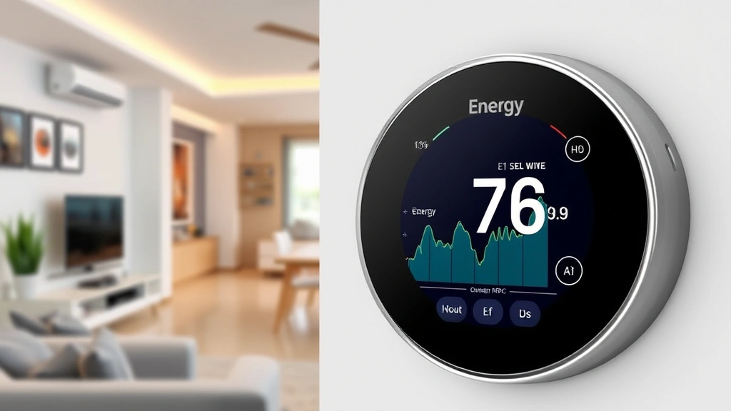 Modern smart home thermostat display showing energy usage analytics and consumption patterns, contemporary living room with efficient HVAC system visible, digital interface showing real-time data and optimization