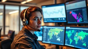 Professional customer service representative wearing headset in modern call center with multiple monitors displaying customer account information and outage maps, warm lighting, focused expression
