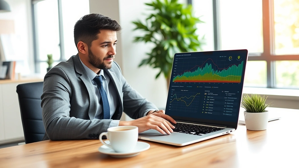 Business professional reviewing energy consumption analytics on laptop in office setting, graphs showing electricity usage patterns, cup of coffee on desk, natural window lighting