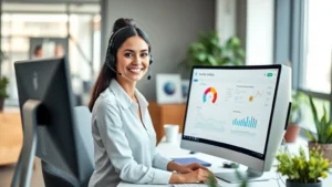 Professional business woman in corporate office wearing headset, smiling while working at desk with computer monitor displaying utility dashboard, modern bright workspace with plants, natural lighting from windows
