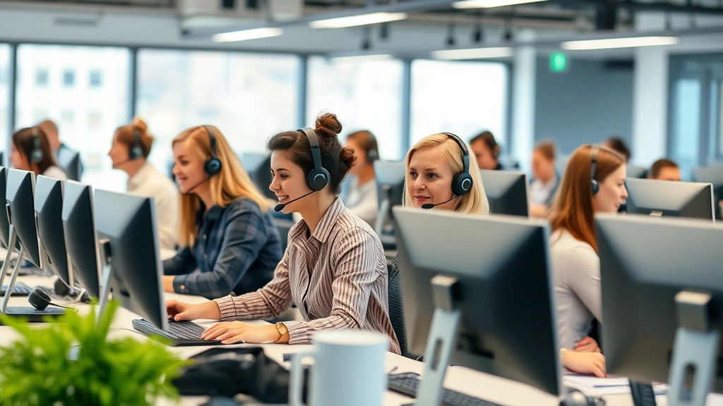 Diverse utility company customer service team in modern call center environment, multiple representatives at individual workstations with headsets, professional business casual attire, collaborative workspace atmosphere with team collaboration