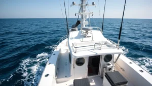 Professional tuna fishing vessel on open ocean with calm waters, modern equipment visible, sustainable pole-and-line fishing setup, bright daylight, clear sky, commercial fishing operations