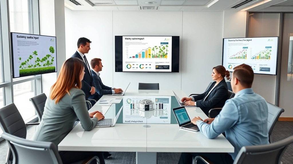 Corporate office meeting room with business professionals reviewing sustainability reports and environmental impact data on screens, modern boardroom furniture, professional attire, strategic planning session