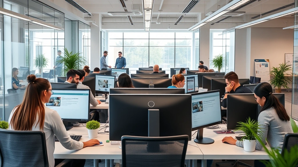 Modern insurance office interior with diverse professionals at workstations reviewing property claims on computer screens, collaborative workspace environment with contemporary design