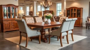 Professional showroom displaying traditional wooden dining table set with upholstered chairs in warm lighting, showcasing furniture quality and design aesthetic for mid-range market