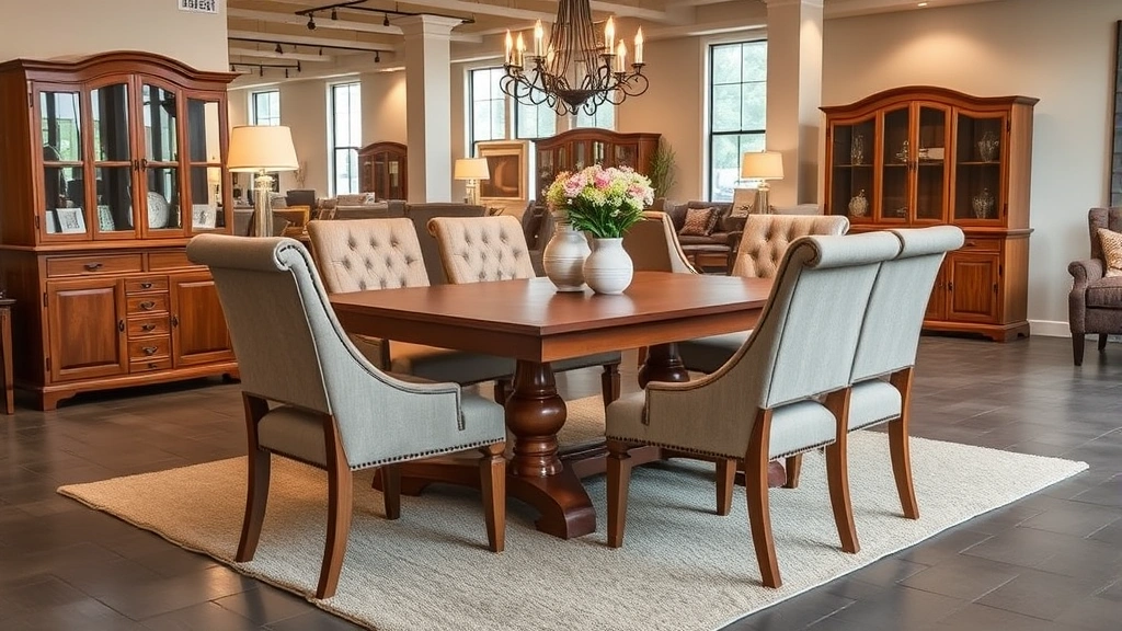 Professional showroom displaying traditional wooden dining table set with upholstered chairs in warm lighting, showcasing furniture quality and design aesthetic for mid-range market