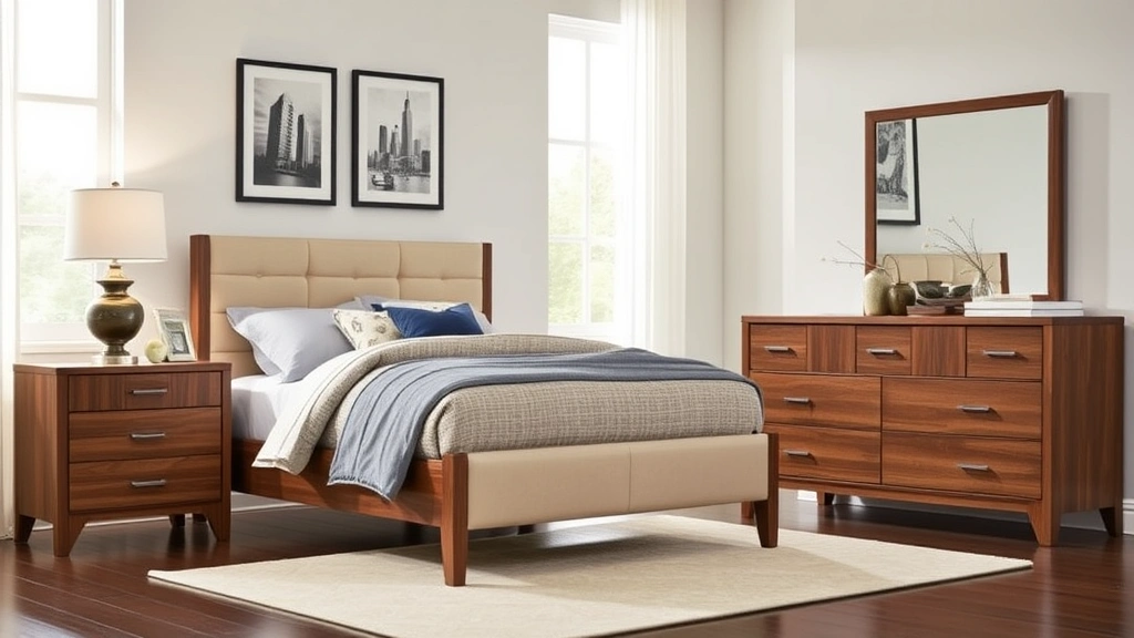 Modern bedroom furniture arrangement featuring coordinated dresser and nightstand pieces in contemporary styling, representing mid-range manufacturer bedroom collections and design cohesion