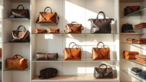 Professional luxury leather goods display in upscale boutique setting, natural lighting highlighting texture and craftsmanship details of premium handbags arranged on minimalist shelving