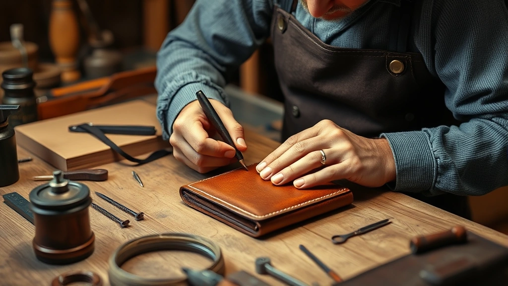 Expert leather artisan working at wooden workbench with precision tools, carefully stitching premium leather purse, showcasing traditional craftsmanship and attention to detail in luxury manufacturing