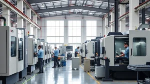 Professional manufacturing facility interior with CNC machines and skilled workers operating precision equipment in an industrial setting, modern factory floor with organized workstations and quality control checkpoints, natural lighting from industrial windows