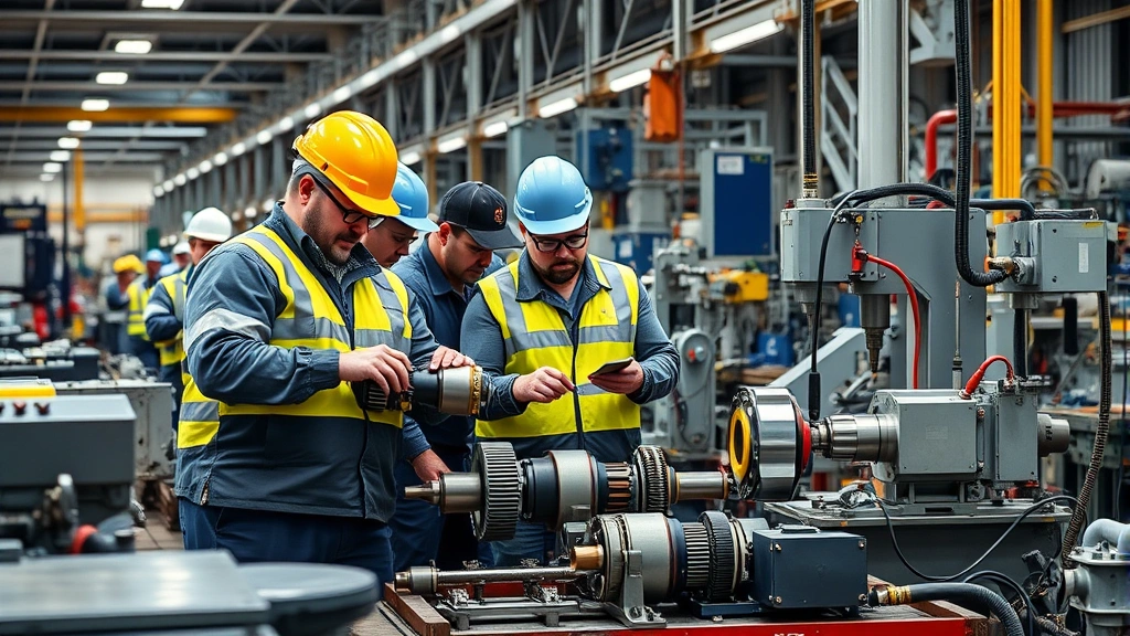 Team of diverse manufacturing professionals in safety gear collaborating on production line, workers examining drilling equipment components with precision instruments, experienced machinists demonstrating technical expertise at workstations with advanced machinery