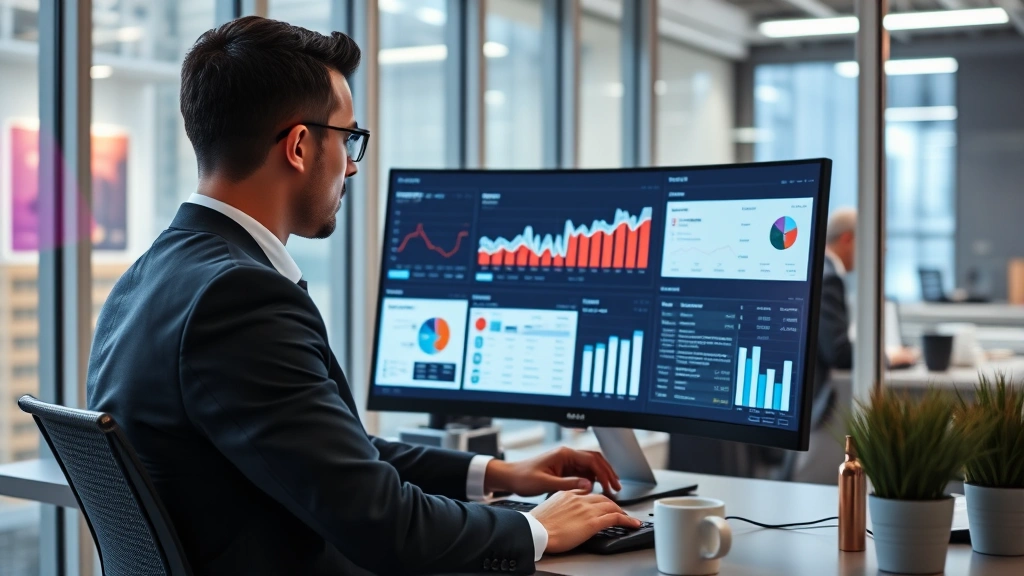 Professional real estate agent reviewing market data on computer in modern office, displaying analytics dashboard and property market trends, corporate business environment