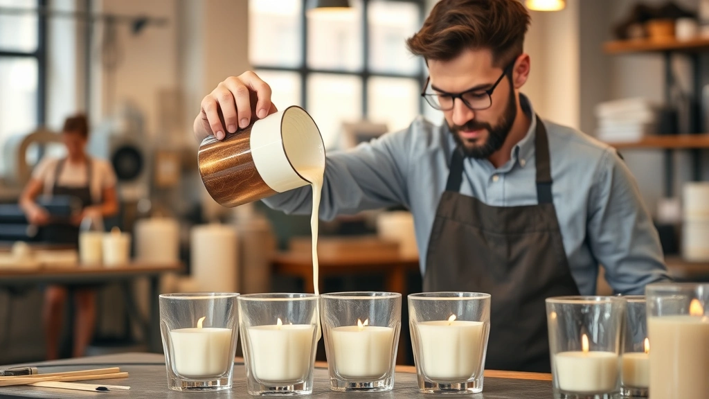 Professional candle maker pouring melted wax into elegant glass containers, warm studio lighting, focused craftsmanship, quality materials visible, modern manufacturing workspace