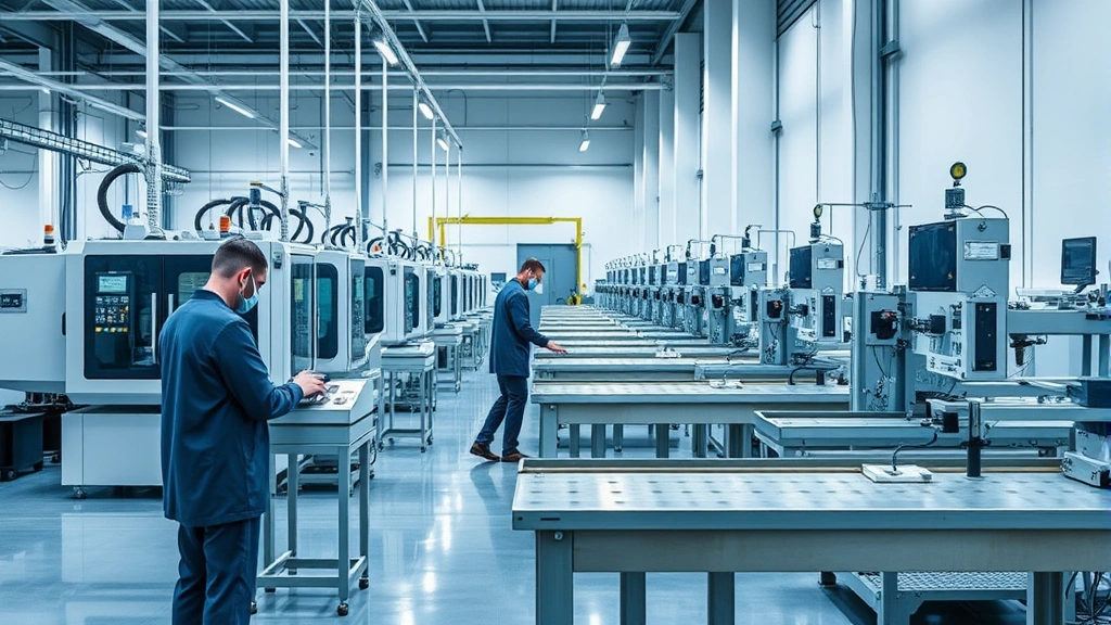 Modern manufacturing facility with precision machinery and quality control stations, workers in professional attire conducting blade inspection and testing, clean industrial environment with metal workbenches and measurement instruments