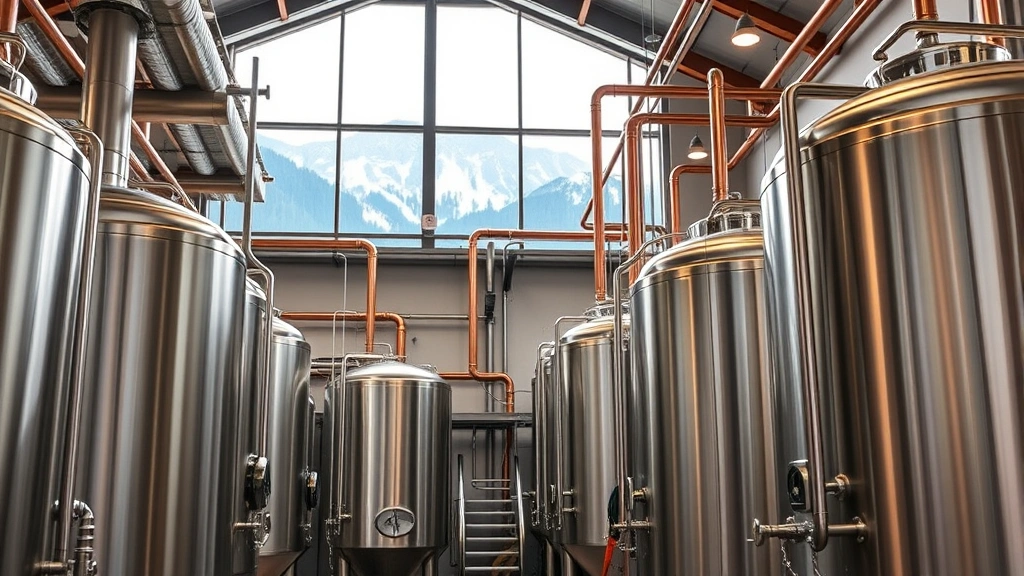 Professional brewery interior with stainless steel fermentation tanks, copper piping, and industrial lighting, showcasing modern craft beer production facility in mountain setting, natural daylight through large windows