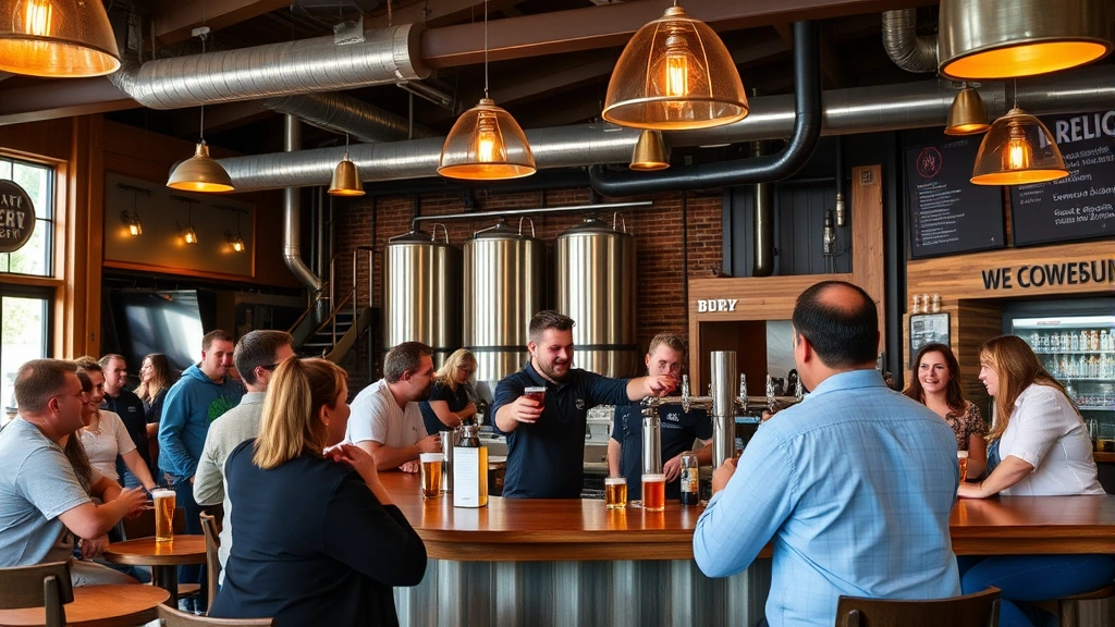 Welcoming brewery taproom interior with customers enjoying beer at wooden bar counter, staff member pouring craft beer with expertise, warm ambient lighting and community atmosphere, wood and industrial design elements