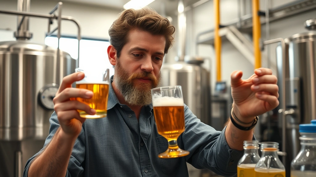 Brewery founder or experienced brewmaster inspecting hop ingredients in quality control laboratory, examining golden beer sample against light, professional workspace with brewing equipment visible in background