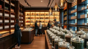 Upscale tea shop interior with loose-leaf tea displays in glass containers, elegant wooden shelving, warm lighting, and sophisticated retail environment with customers browsing premium tea products