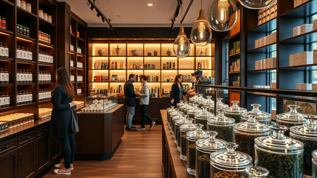 Upscale tea shop interior with loose-leaf tea displays in glass containers, elegant wooden shelving, warm lighting, and sophisticated retail environment with customers browsing premium tea products