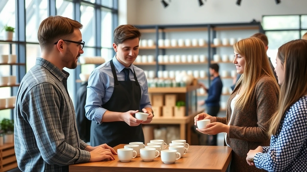 Professional tea tasting session in modern retail setting, knowledgeable staff member presenting tea samples to engaged customers, modern white cups on wooden table, natural daylight