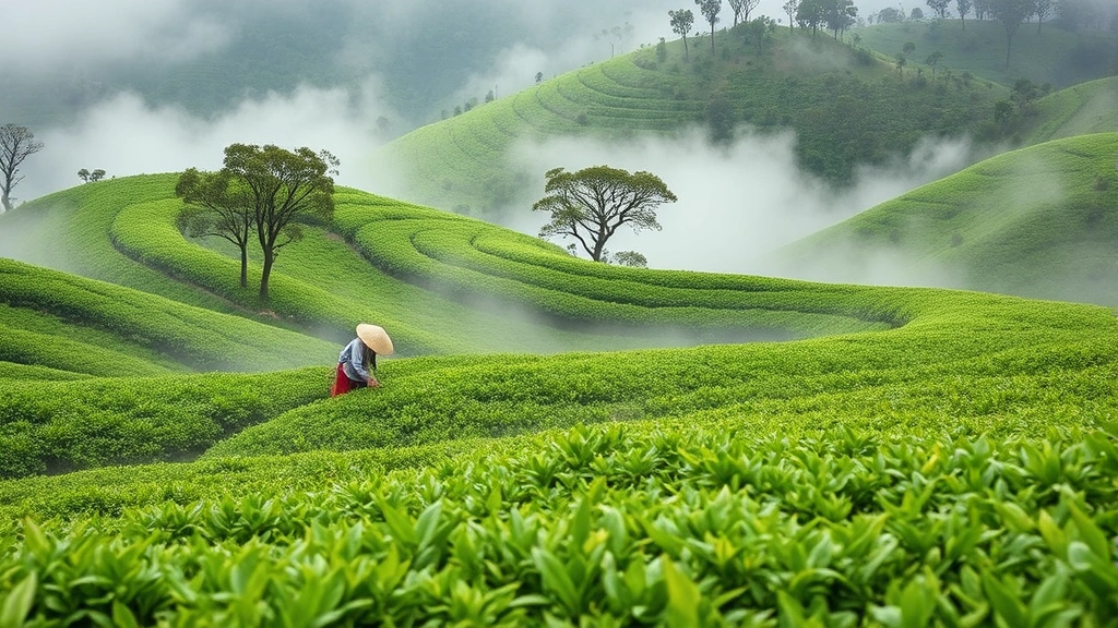 Premium tea sourcing scene showing tea garden landscape with skilled workers harvesting fresh leaves in misty mountainous terrain, authentic agricultural setting demonstrating quality sourcing