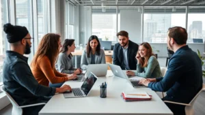 Professional photo of diverse startup founders in modern San Francisco office, discussing strategy around minimalist table with laptops and notepads, bright natural light, collaborative atmosphere