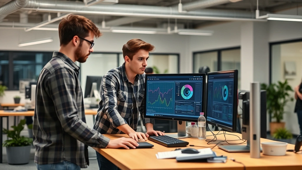 Young technical team collaborating at standing desk in open office environment, examining data visualizations on monitors, demonstrating engineering excellence and teamwork in tech startup setting