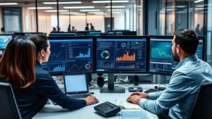 Corporate office environment with diverse professionals analyzing data on multiple computer monitors displaying security dashboards and risk analytics in a modern business setting