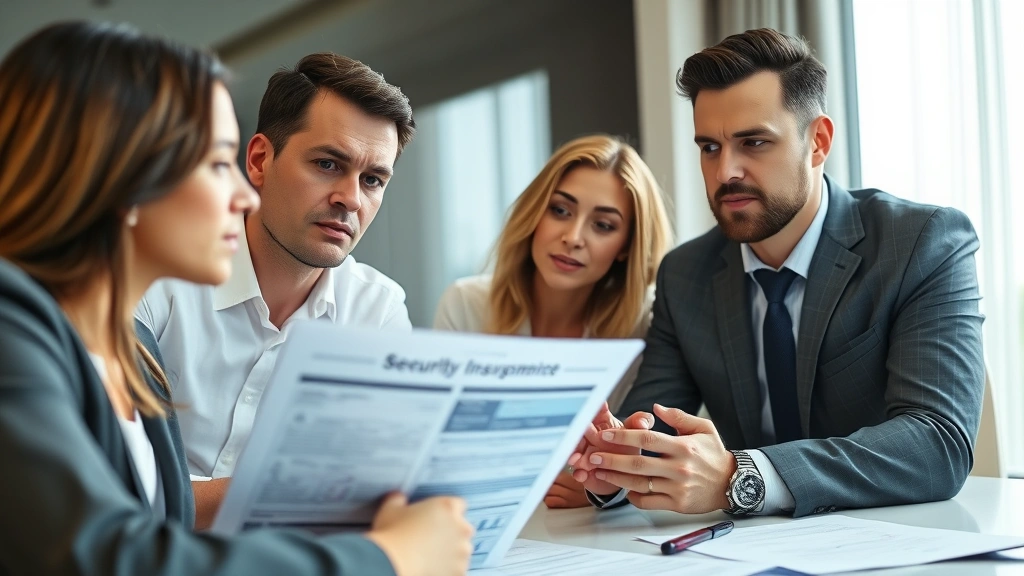 Close-up of business professionals in a conference room reviewing digital security reports and insurance documents on a tablet device with serious focused expressions