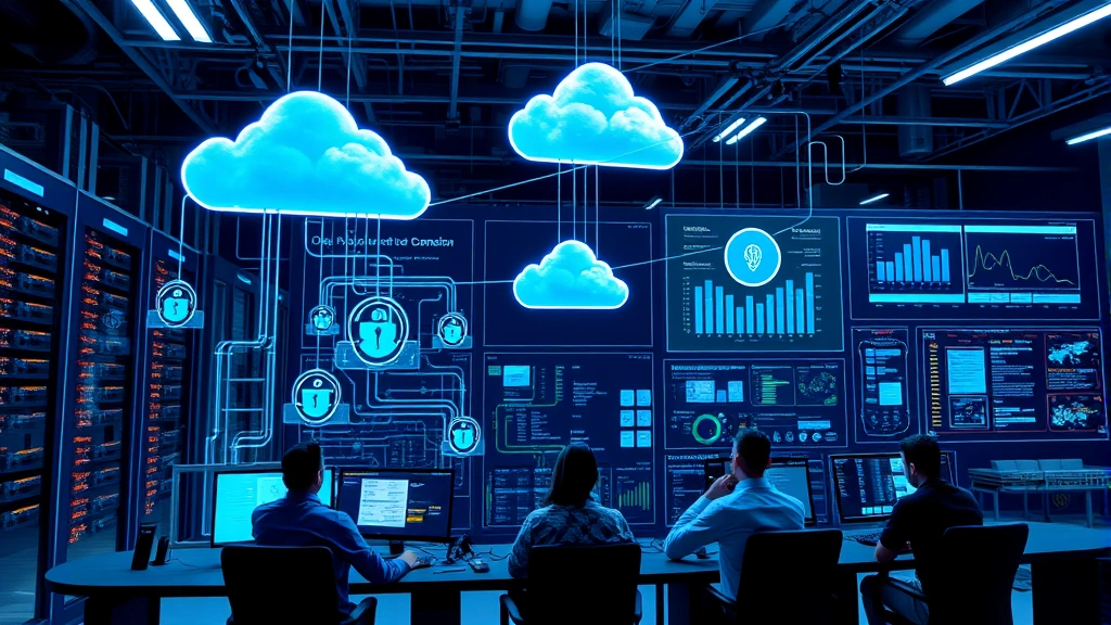 Technology infrastructure visualization showing cloud servers, network connections, and data protection systems with professionals monitoring risk management dashboards in a high-tech operations center