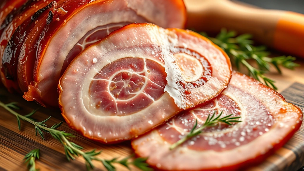 Close-up of artisanal honey ham slice showing rich color, marbling, and glaze detail on wooden cutting board with fresh herbs, warm professional lighting emphasizing premium quality and craftsmanship