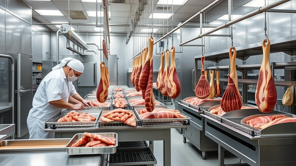 Professional food processing facility with stainless steel equipment, workers in white uniforms preparing premium meat products under bright industrial lighting, clean and organized production environment