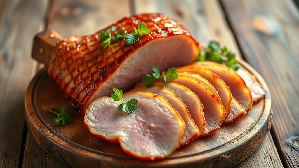 Rustic wooden table displaying sliced premium honey ham with fresh garnishes, warm natural lighting highlighting the meat's color and texture, artisanal presentation emphasizing quality and craftsmanship