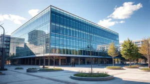 Modern commercial office building with glass facade and urban plaza, daytime shot showing professional architecture and landscaping