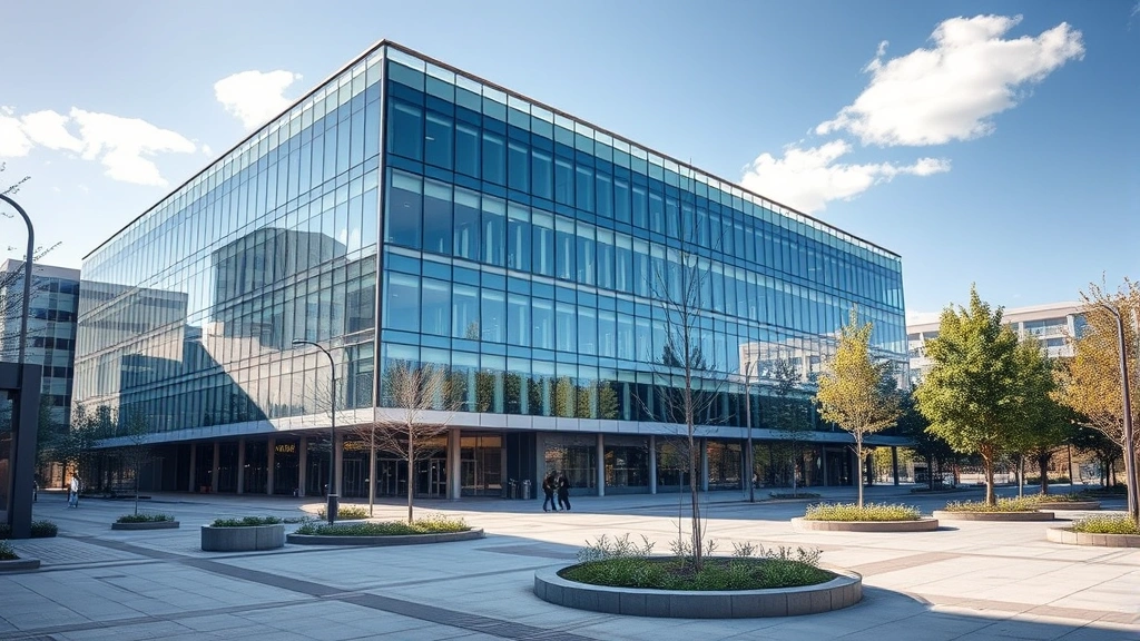 Modern commercial office building with glass facade and urban plaza, daytime shot showing professional architecture and landscaping