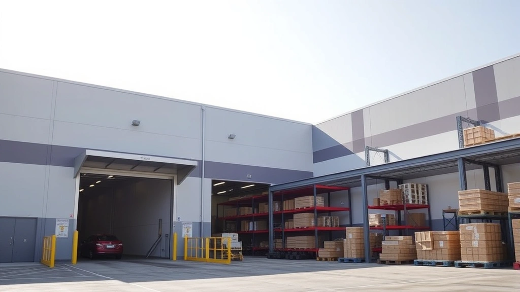 Industrial warehouse facility with modern loading dock, clean exterior, and organized logistics infrastructure in daylight