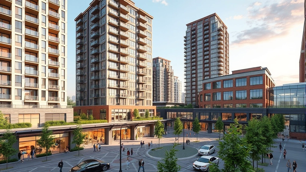 Mixed-use development with residential towers, ground-floor retail, and public plaza with people and trees, contemporary architecture