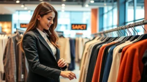 Professional woman in business casual attire examining clothing on a retail rack in a modern discount outlet store, natural lighting, focused expression, upscale retail environment