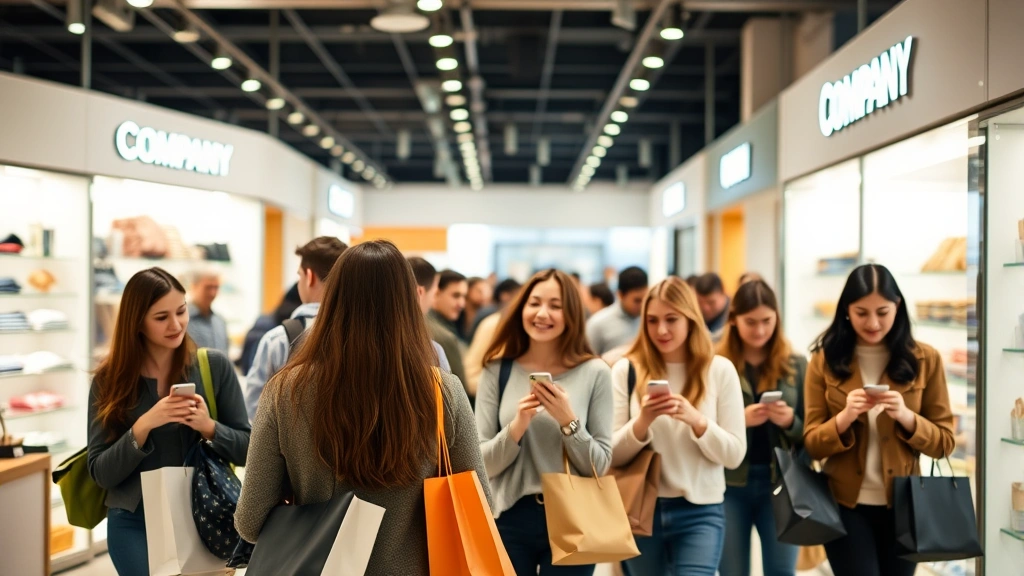 Diverse group of shoppers browsing merchandise in a contemporary company store outlet, warm lighting, modern fixtures, customers holding shopping bags and checking products