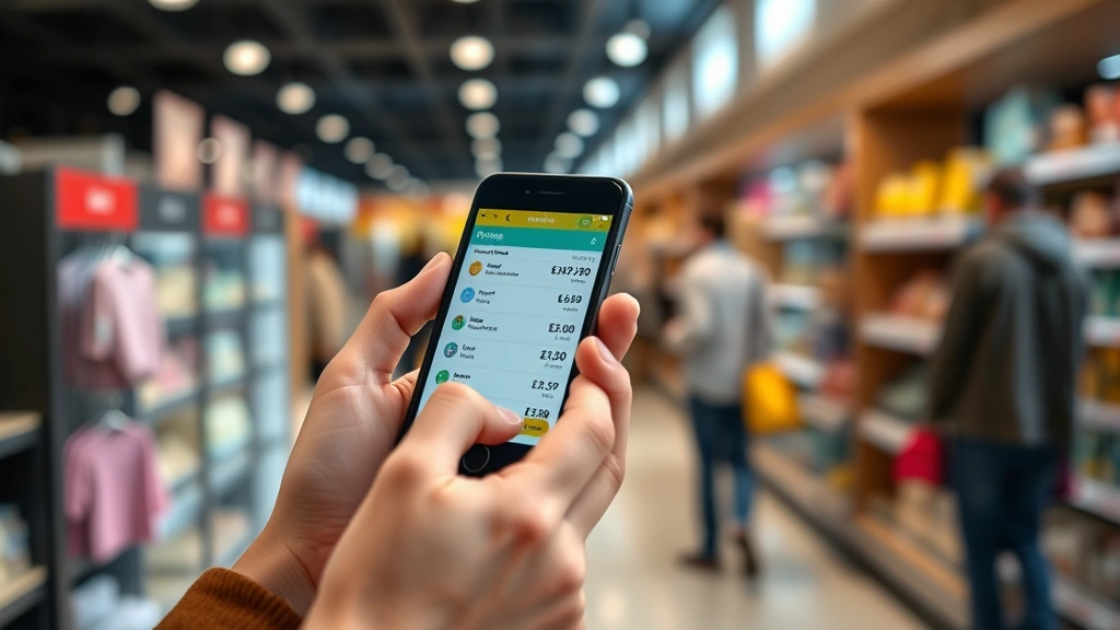 Close-up of a customer's hand holding a smartphone displaying pricing information while shopping in a retail store, merchandise visible in background, natural daylight