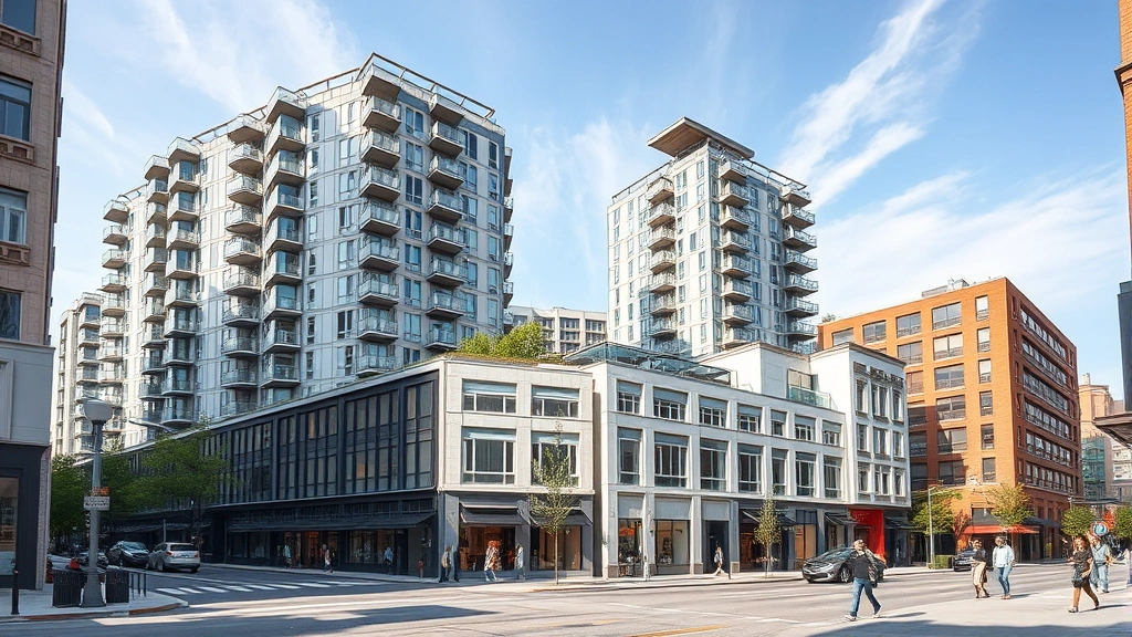 Modern mixed-use urban development with residential towers, ground-floor retail storefronts, and contemporary architecture; daytime cityscape with pedestrians and street-level activity; professional architectural photography style