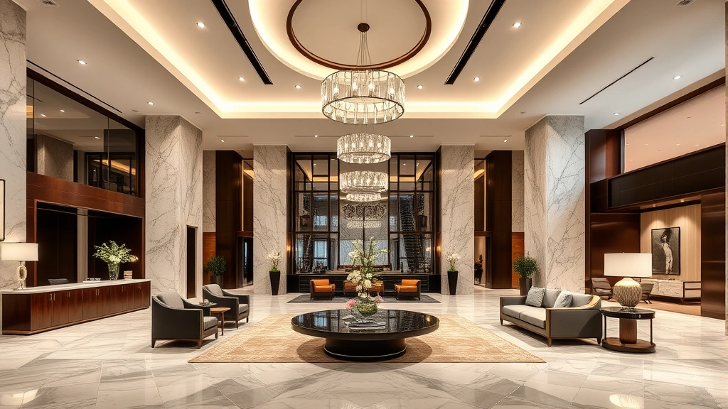 Luxury hotel lobby interior with sophisticated design, marble finishes, and premium furnishings; contemporary hospitality space with professional ambiance; high-end property management setting