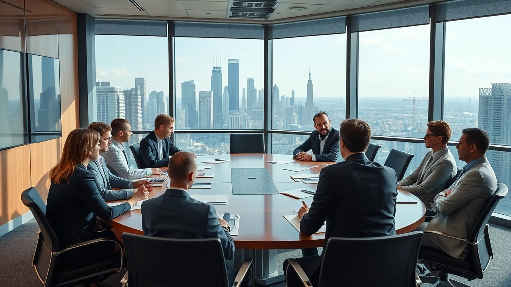 Corporate office boardroom with executives in business attire around conference table during strategic planning meeting; professional business environment with city skyline visible through windows; collaborative decision-making atmosphere