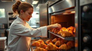 Professional female baker in white chef's coat checking fresh croissants in commercial oven, warm bakery interior with stainless steel equipment visible, natural morning light streaming through windows