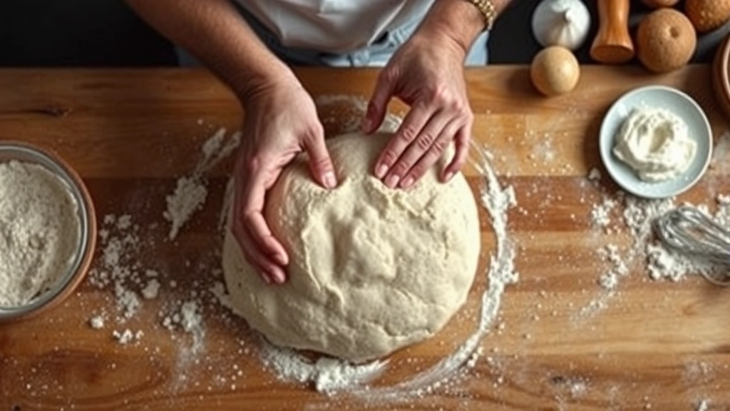 Overhead view of baker's hands kneading artisanal sourdough dough on wooden work surface, flour dust in air, professional bakery kitchen environment with organized ingredients nearby